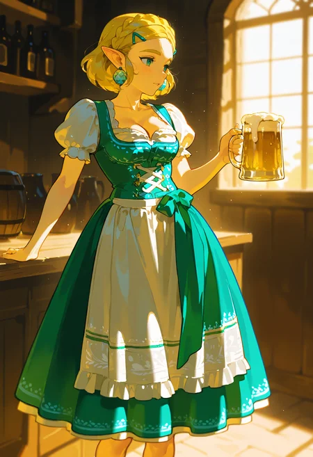 1girl, solo, dirndl dress,apron,puffy short sleeves, princess_zelda,beer mug,