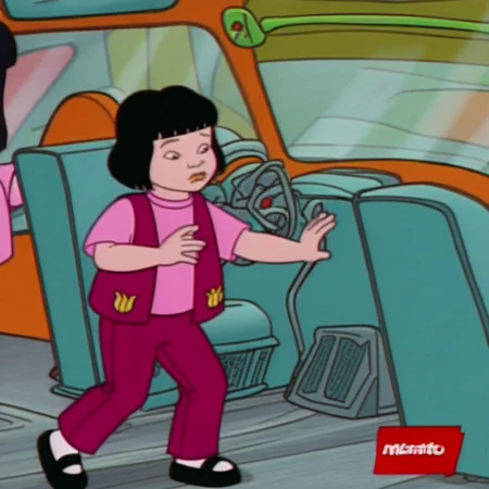 magenta pants, pale skin, black hair, yellow tulip logo, magenta vest, 1 girl, short hair, pink shirt, solo, white socks