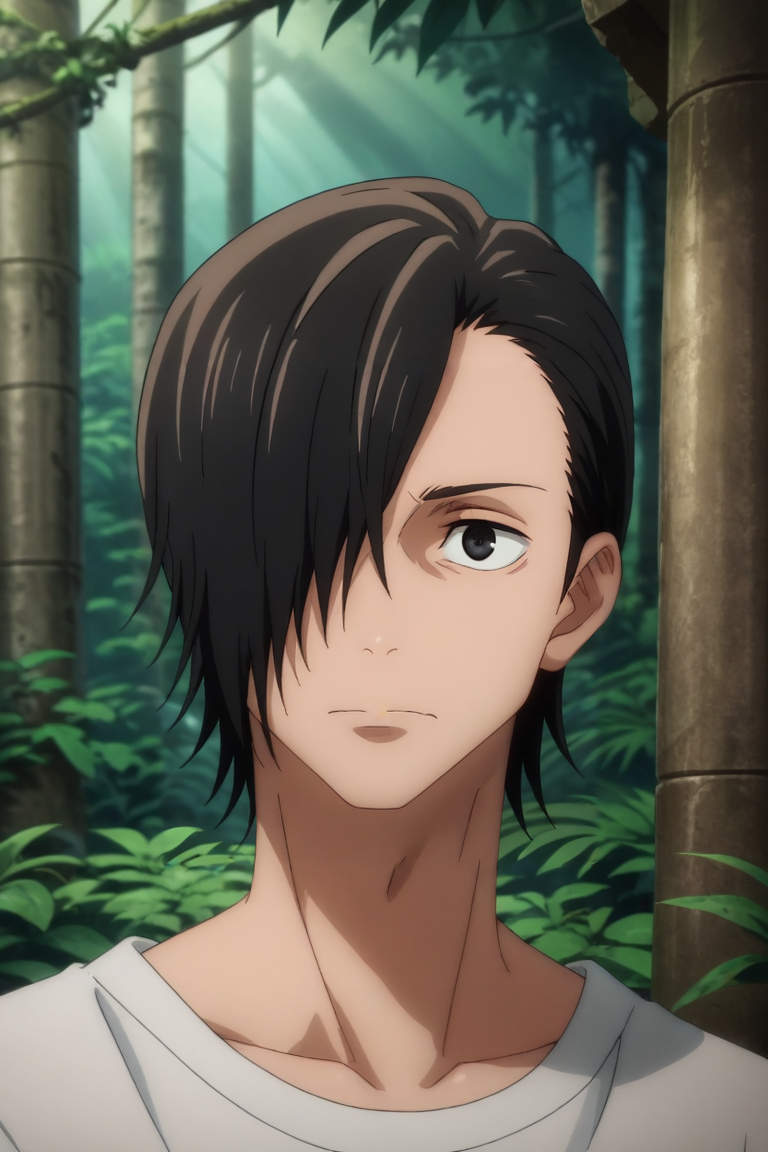 score_9, score_8_up, score_7_up, source_anime, rating_safe, intricate details, anime screencap, anime coloring, , , , 1boy, solo, male focus, <lora:junpei_yoshino_pony:0.98>, junpei_yoshino, black hair, black eyes, short hair, hair over one eye, straight-on, full body, jungle, rainforest, ruins, midnight, pose, wavy mouth, , <lora:sdxl_lightning_8step_lora:1>