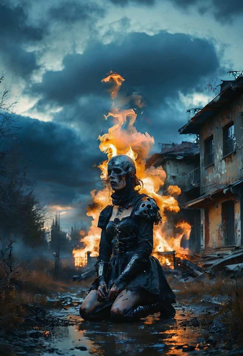 (Full body photograph, ultra-realistic:1.2). score_9, score_8_up, score_7_up, female gothic sexbomb knight , portrait, kneeling, defeated, tired, gothic armor, open helmet, temple, reflections, highly detailed, film grain, <lora:zy_Realism_Enhancer_v1:0.75>
BREAK scenery. sky. outdoors. cloud. fire. building. tree. burning. cloudy sky. smoke. sunset. nature. city. cityscape. blue sky. The photograph captures a moment during sunset with dramatic cloud formations that are tinged by fiery oranges and deep purples against an otherwise muted sky.
<lora:MoodySky_set2:0.33:0.67>