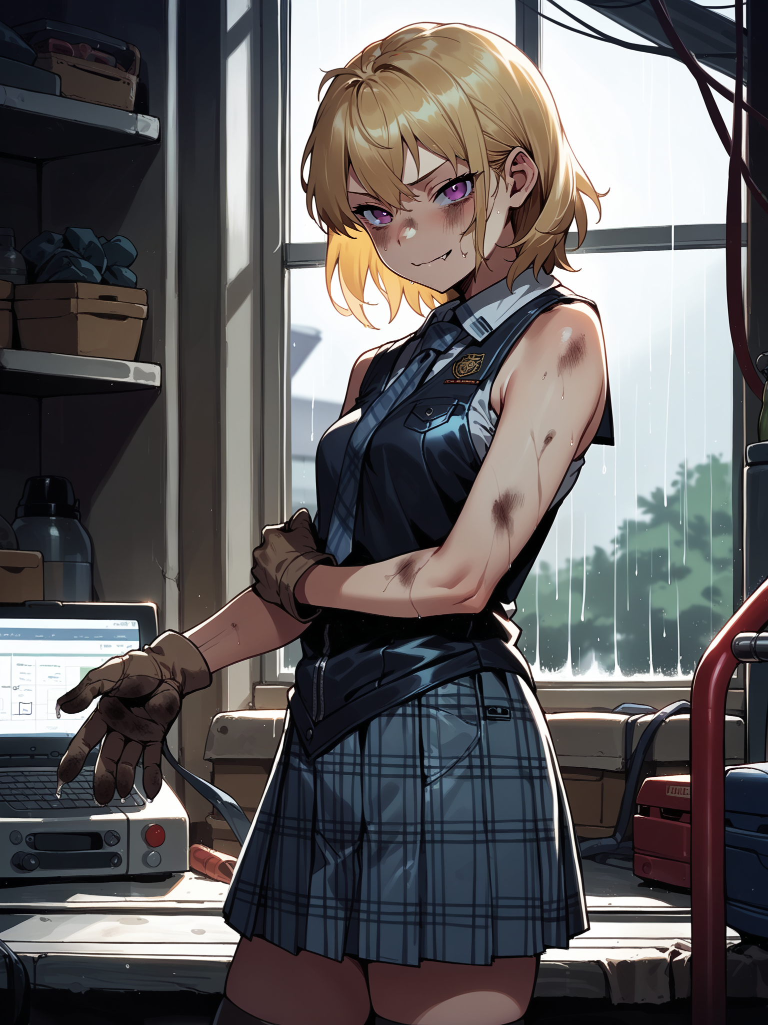 (cowboy shot, solo focus:1.2) <lora:happy_tentacle-lovebeat-v0.2-000036:1>, ht_lovebeat, (blonde hair, purple eyes:0.7), pleated skirt, plaid skirt, plaid necktie, thighhighs, () ( :1.1) ( , , (naughty face :1.2) , (wavy mouth:0.8) , (looking at viewer:0.6) :1) , indoors, ((dawn :0.6), rain :0.8), ( window :0.9), (furniture:0.9), , , , , (science fiction :0.9), garage, tank top, jumpsuit, uniform, gloves, dirty face, dirty hands (( from side :1.1) :0.8) score_9, score_8_up, score_7_up, score_6_up, score_5_up, score_4_up, ( [(realistic, photorealistic:1.3):(realistic:1.2):14] [(3d:1.2)::12] :1) <lora:LUUNA's Lunas-NijiJourney-SDXL-B2:0.35>, nijijourney <lora:prgfrg23's Counterfeit-V3.0 Style SDXL_LoRA_Pony Diffusion V6 XL:0.5> <lora:mfcg's mfcgXL:0.12> <lora:reweik's gyokai(himehajime)_PonyXL_style_v01:0.14>