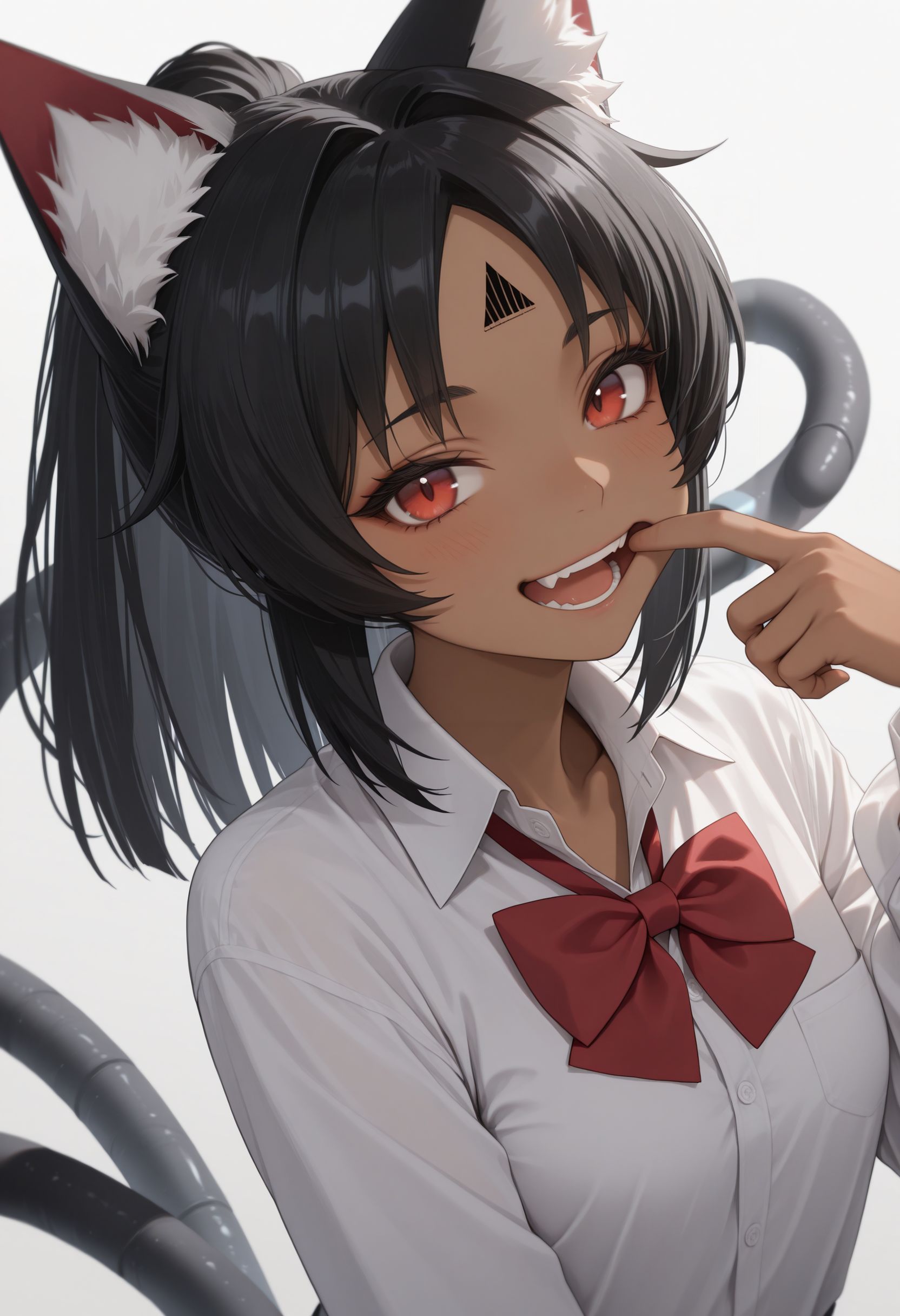 masterpiece,best quality,absurdres,highres,very aesthetic,high quality,detailed,insanely detailed,beautiful,perfect lighting, looking at viewer,
 <lora:Nekomiya v2 illu:1> 1girl, dark-skinned female, long hair, black hair, red eyes, facial mark, animal ears, animal ear fluff, cat girl, multiple cat tail, two tails, ponytail, white background, white shirt, simple background, red bow,, open mouth, looking at viewer, upper body, collared shirt, red bowtie, school uniform, teeth, smile, hand up, mouth pull, long sleeves, forehead, :d