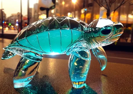 realistic glasssculpture of a turtle, translucent, transparent, detailed cityscape background, street, reflections. cgsociety masterpiece,  flowers everywhere, artstation trending, by rossdraws, ghibli, Kimi no Na wa, greg rutkowski