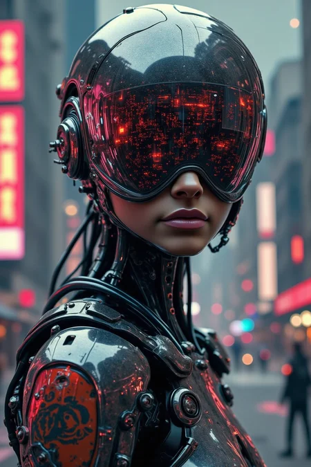 yfg-F@ce, Generate an image of a sleek, silver robotic android with mirrored visor helmet, intricate circuitry tattoos on its exposed mechanical arm, and a delicate, gemstone-encrusted face mask covering its cybernetic eyes, standing confidently in front of a futuristic cityscape at dusk with neon lights reflecting off its metal body from a low-angle shot.