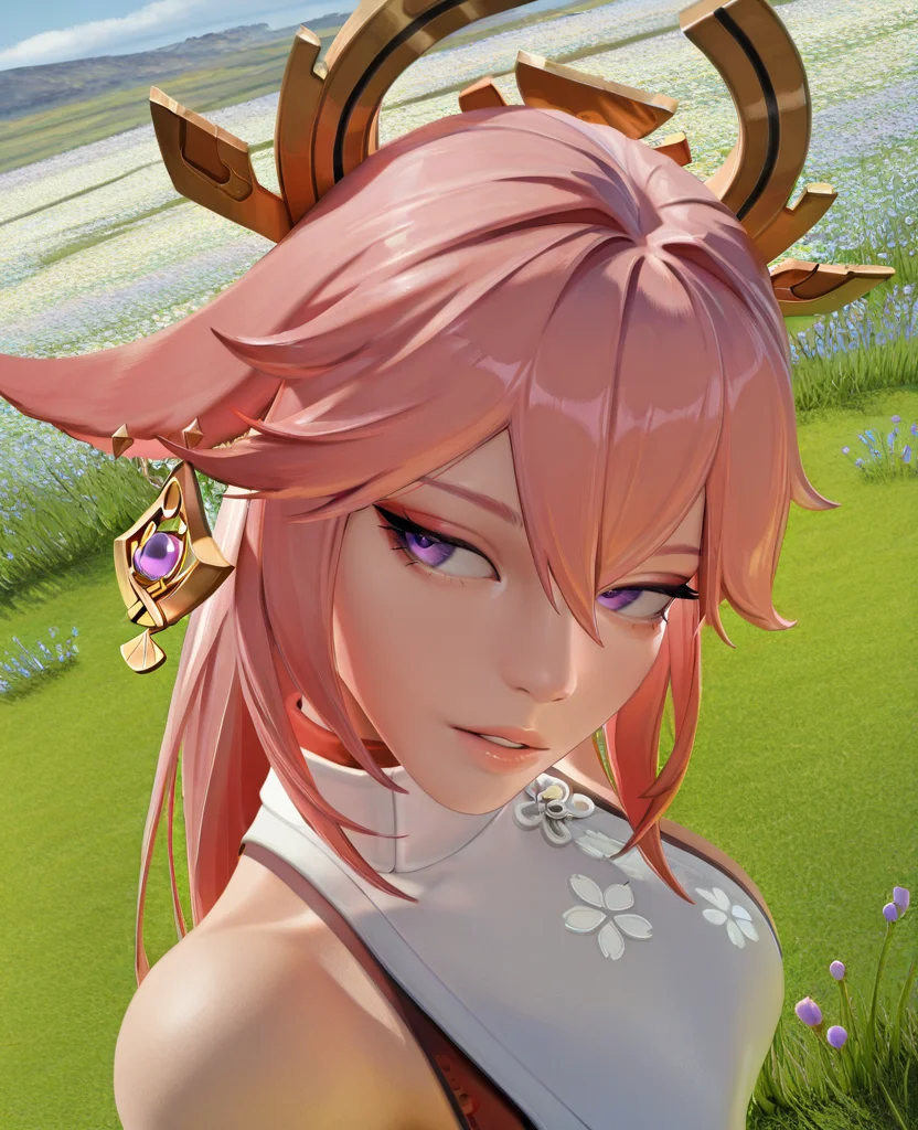 masterpiece, best quality, amazing quality, highres, absurdres, intricate detail, 3d, realistic, detailed skin,  <lora:CakiiBB_style_ILLUS-000008:1> ,  yae miko, chinese clothes, parted lips, portrait, head tilt, from above, from side, angle view, dynamic pose, scenery, cinematic, outdoors, grass, flower field, standing, looking to the side,