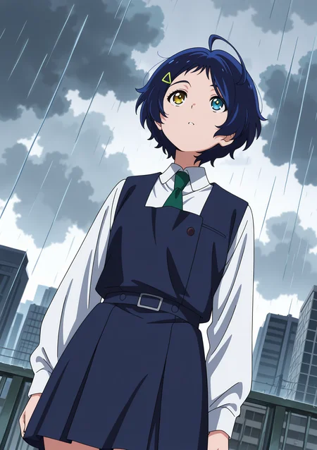 detailed background, official style,anime coloring, (anime screencap) masterpiece, detailed face,1girl <lora:Ai_Ohto:0.8>Ai, solo, heterochromia, necktie, short hair, blue eyes, blue hair, hair ornament, hairclip, ahoge, school uniform, green necktie, shirt, yellow eyes, white shirt, looking up, from below, raining, cloudy, city background, outside, cowboy shot, dutch angle,