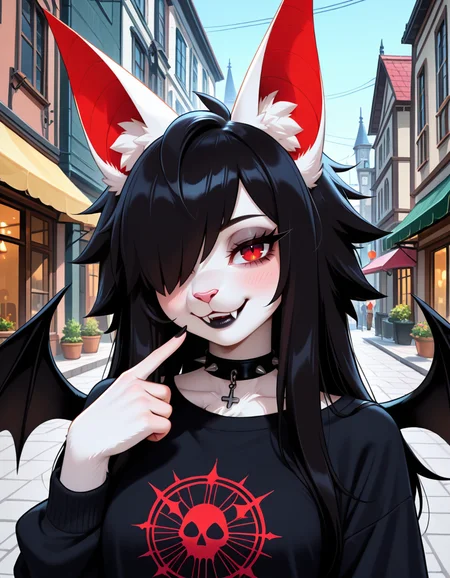masterpiece, best quality, very aesthetic, absurdres,
outdoors, casual, goth fashion,
upper body, posing, face focus, black lipstick,
seductive smile, parted lips, long eyelashes,
<lora:Asphodel_v01_NAIXL:1>
A5ph0d3l,1girl,solo,furry,furry female,bat girl,black hair,bat ears,animal ear fluff,long hair,hair over one eye,red eyes,fangs,spiked collar,body fur,white fur,bat wings,