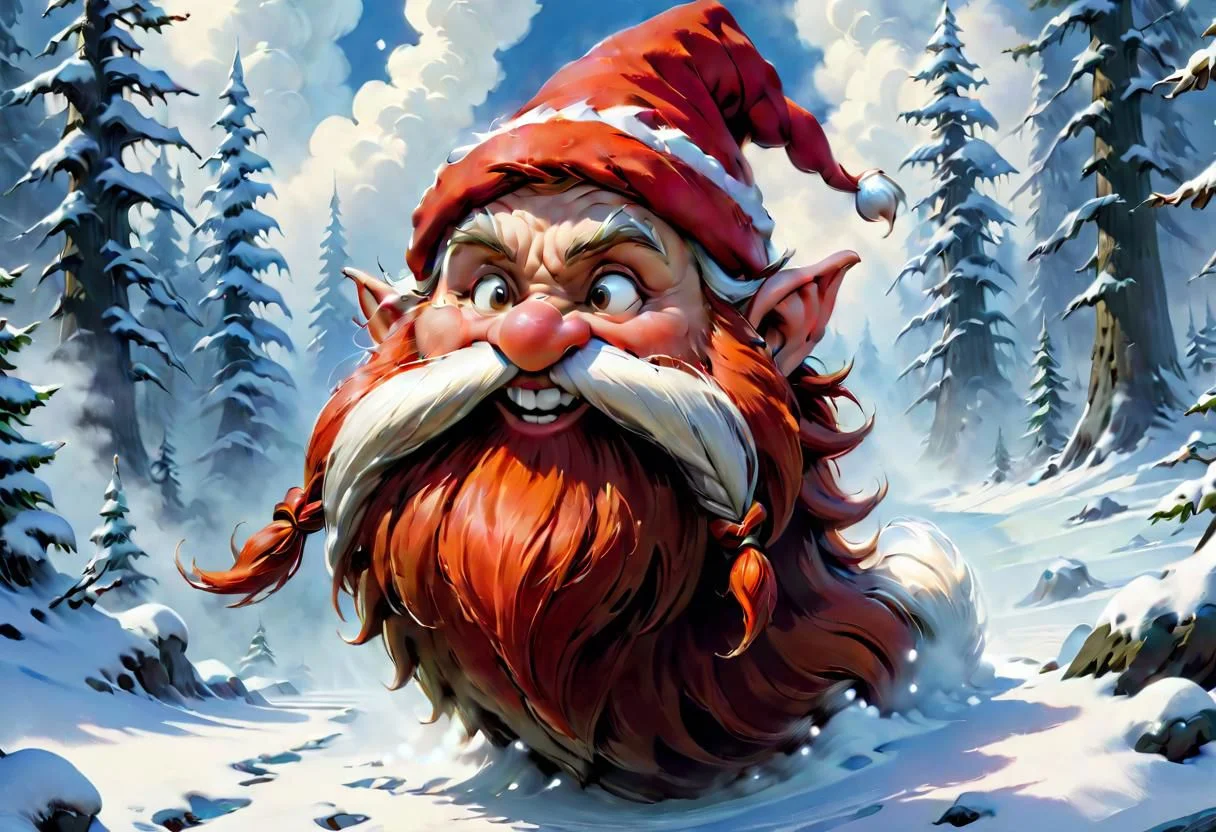 RTX, 8k, HDR, best quality, realism, film plot, (masterpiece), close-up, portrait, oil paint, watercolor, art by Greg Rutkowski, Frank Frazetta,
Harry the Gnome, detailed digital art, cheerful Harry the Gnome, wearing a red Santa hat, laughing, cartoon style, snowy forest background, billowing clouds, Harry the Gnome, flowing long beard, braided mustache, celestial aura, mystical setting, celestial runes in the air, radiating glow, iridescent stones, gnome Harry with bracelets, magical fireworks in the air, surreal landscape with floating clouds, detailed and charming, magical spirit of Christmas, cold air flowing in the air, matte style, high detail, long flowing beard,