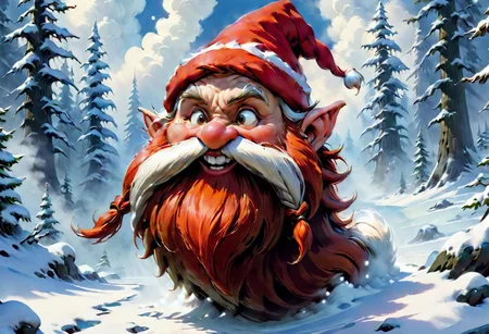 RTX, 8k, HDR, best quality, realism, film plot, (masterpiece), close-up, portrait, oil paint, watercolor, art by Greg Rutkowski, Frank Frazetta,
Harry the Gnome, detailed digital art, cheerful Harry the Gnome, wearing a red Santa hat, laughing, cartoon style, snowy forest background, billowing clouds, Harry the Gnome, flowing long beard, braided mustache, celestial aura, mystical setting, celestial runes in the air, radiating glow, iridescent stones, gnome Harry with bracelets, magical fireworks in the air, surreal landscape with floating clouds, detailed and charming, magical spirit of Christmas, cold air flowing in the air, matte style, high detail, long flowing beard,