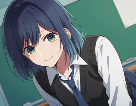 score_9, score_8_up, score_7_up, source_anime,
akanekurokawa, <lora:akane-kurokawa-s1-ponyxl-lora-nochekaiser:1>,
akane kurokawa, bangs, green eyes, blue hair, medium hair, dark blue hair,
shirt, school uniform, white shirt, necktie, collared shirt, vest, blue necktie, skirt, blue skirt,
indoors, classroom, bent over, smile,
looking at viewer, cowboy shot, dutch angle, solo,