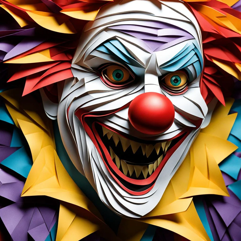 A crazy scary clown PaperCutout style <lora:sdxl-PaperCutouts-Dreambooh:1>, Very detailed, clean, high quality, sharp image