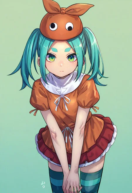 (zPDXL3),
(zPDXLxxx),
1girl,
solo,
ononoki yotsugi, highres, twintails, aqua hair, green eyes, thick eyebrows, orange headwear, orange dress, striped thighhighs, expressionless,
bust up,
front view,
looking at viewer,
hands over eyes,
eyes between fingers,
v,
