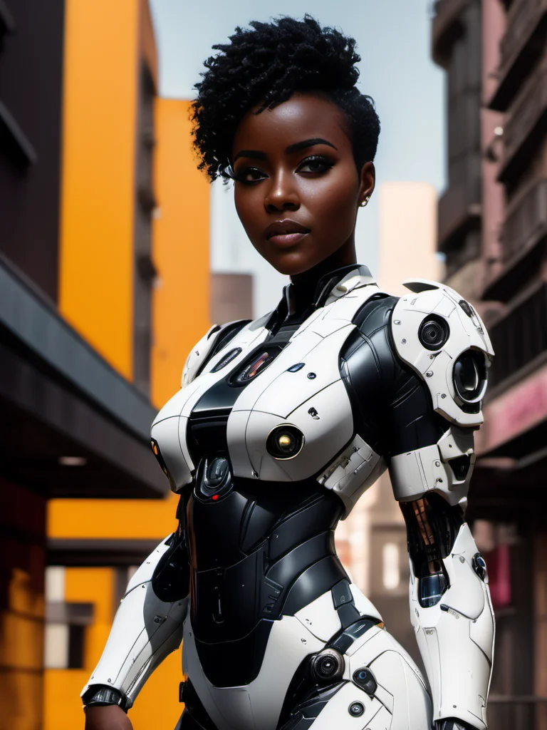 modelshoot style, (extremely detailed CG unity 8k wallpaper), full shot body photo of the most beautiful artwork in the world, dark skin, black xlsanaa woman <lora:xlsanaa woman:1>, dark skin, (intricate porcelain and olive cyberpunk full body white cyborg armor), detailed face, threating expression, detailed eyes, soft bokeh, full body, cyberpunk architecture, professional, Intricate, High Detail, Sharp focus, dramatic, photorealistic