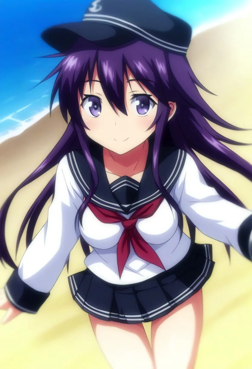 score_9,score_8_up,score_7_up,source_anime,anime, BREAK,
JoshiLuck_AnimeStyle,
(cute),1girl, akatsuki (kancolle), (medium breasts), purple hair, long hair, hair between eyes, purple eyes,
serafuku, black flat cap, black sailor collar, black mini skirt, long sleeves, neckerchief, red neck ribbon, sailor collar,
looking at viewer,
smile, cheerful,
any pose,
angle:random,
outdoors, shiny light, beach,