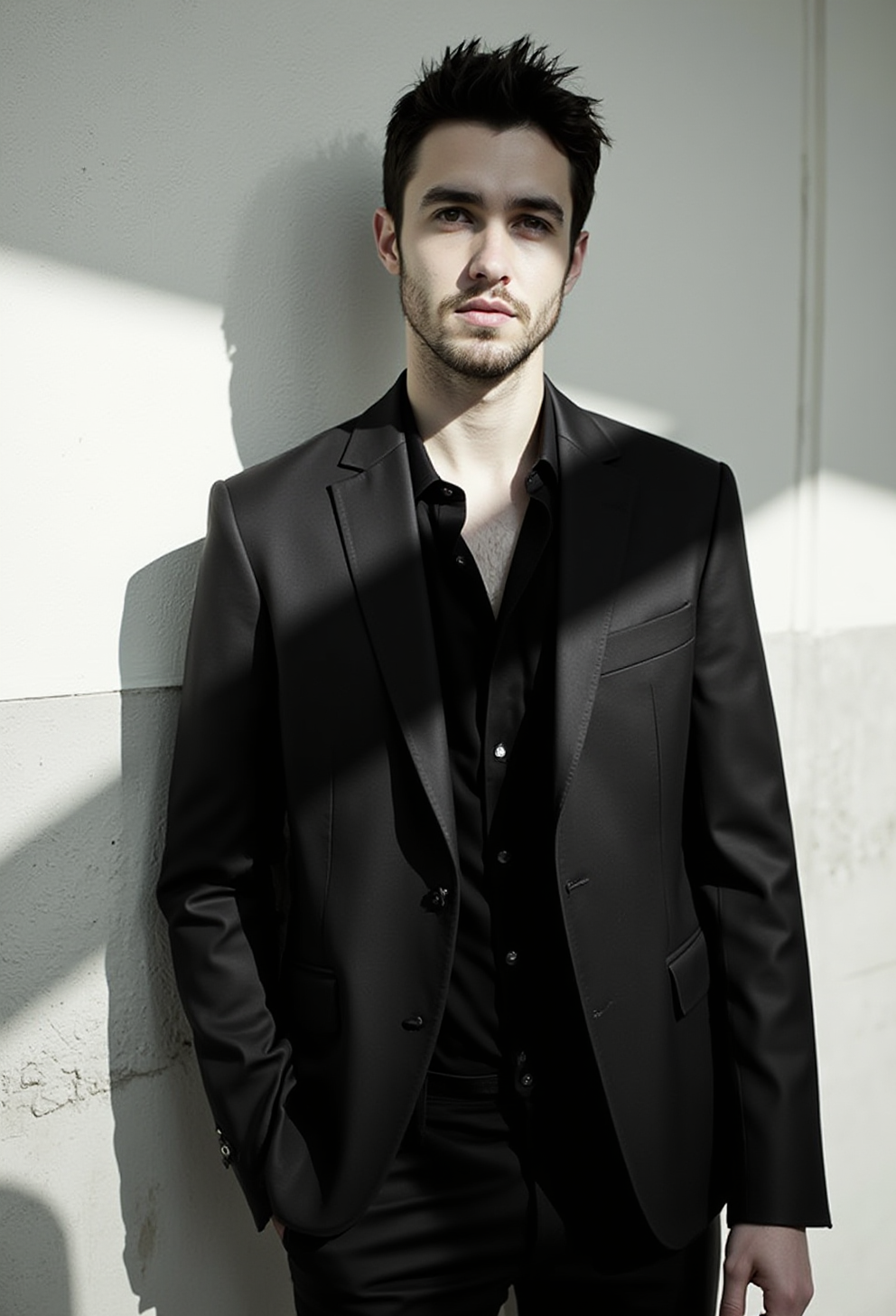 S4DC1NE, This is a photograph featuring a young man with a rugged, well-groomed appearance. He has short, tousled dark hair and a neatly trimmed beard. His expression is contemplative, with a slight furrow between his eyebrows. He is dressed in a sleek, tailored black suit jacket over a black dress shirt, which adds to his sophisticated yet edgy look. The lighting creates dramatic shadows, casting a strong diagonal line across his face and body, highlighting the textures of his clothing and the subtle contours of his face. The background is a plain, white-painted cinder block wall, which contrasts sharply with his dark attire, making him the focal point of the image. The photograph has a high contrast, emphasizing the play of light and shadow, and the overall composition is minimalist, with a focus on the subject's form and expression. The image conveys a sense of introspection and mystery, with the monochromatic palette adding a timeless, classic feel. 