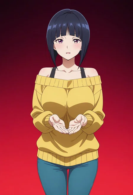 masterpiece, best quality, amazing quality, anime coloring, anime screencap, 1girl, mature female, inverted bob, black hair, blunt bangs, cowboy shot,  BREAK  simple background,  dynamic pose gradient background,  red  background  off-shoulder sweater,     cupping hands,