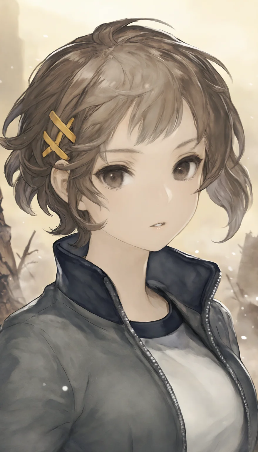 masterpiece,best quality,amazing quality,
<lora:natsunominamiNAI:1>,natsunominami,
1girl,solo,brown hair,short hair,bangs,brown eyes,yellow hairpin,grey jacket,gym uniform,
portrait,looking ahead,parted lips,flowing hair,
outdoors,ruins,dust,wind,yellow sky,light particles,