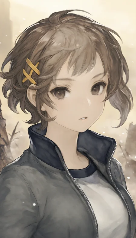 masterpiece,best quality,amazing quality,
<lora:natsunominamiNAI:1>,natsunominami,
1girl,solo,brown hair,short hair,bangs,brown eyes,yellow hairpin,grey jacket,gym uniform,
portrait,looking ahead,parted lips,flowing hair,
outdoors,ruins,dust,wind,yellow sky,light particles,