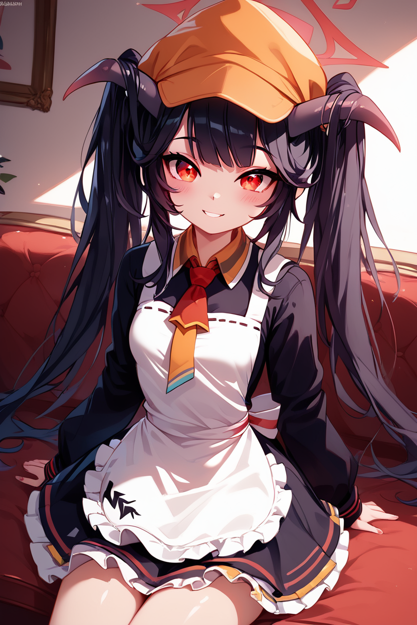 score_9, score_8_up, score_8, medium breasts, (curvy), cute, eyelashes,       BREAK, , ,,, zzFuuka, red eyes, black hair, long hair, horns, halo, demon horns, twintails black dress, white apron, frilled apron,  orange headwear, school uniform, necktie,  <lora:Fuuka_BlueArchive_PDXL:0.8>,   ,,,, BREAK, ,,, smile, looking at viewer, blush, blurry, couch, sitting, ,,, shiny skin, <lora:ProAnime_PDXL_v1:0.7>, ,,, embedding:zPDXL, Expressiveh, <lora:SDXLFaeTastic2400:0.5>, <lora:Expressive_H-000001:0.4>,