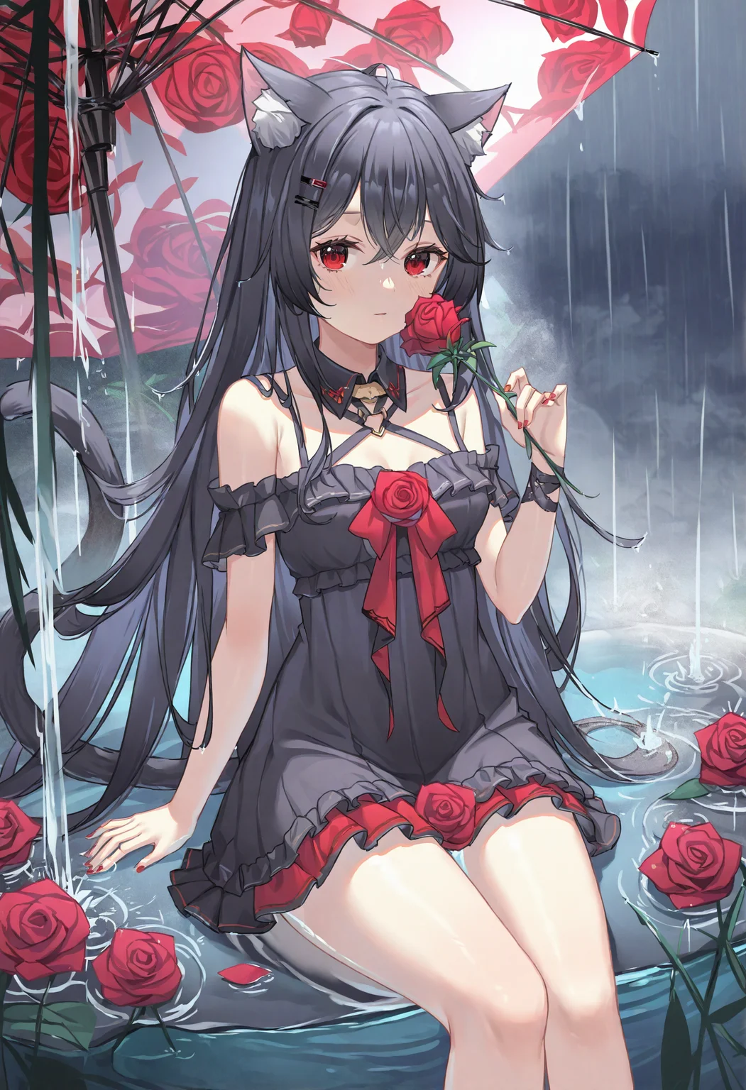 1girl, red eyes, animal ears, solo, black hair, long hair, cat ears, dress, tail, breasts, rose, black dress, red flower, flower, looking at viewer, rain, red rose, small breasts, cat tail, hairclip, very long hair, hair ornament, animal ear fluff, red nails, sitting, bare shoulders, nail polish, water,
masterpiece,best quality,newest,absurdres,highres,very awa,<lora:alguang2_noob1.1-000178:0.9>,