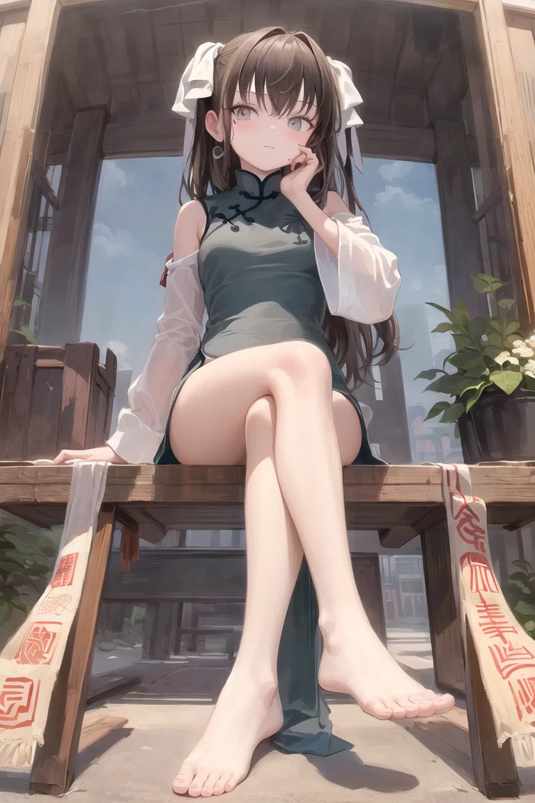 masterpiece, best quality, 1girl, yaozhi\(fkey\), yaozhi\(china_cloth\), brown hair, grey eyes, mole under eye,  <lora:yaozhi_anm_v15:0.77>, sitting, full body, from below, ofuda, crossed legs,