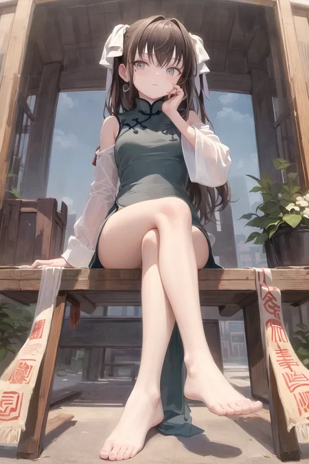 masterpiece, best quality, 1girl, yaozhi\(fkey\), yaozhi\(china_cloth\), brown hair, grey eyes, mole under eye, <lora:yaozhi_anm_v15:0.77>, sitting, full body, from below, ofuda, crossed legs,