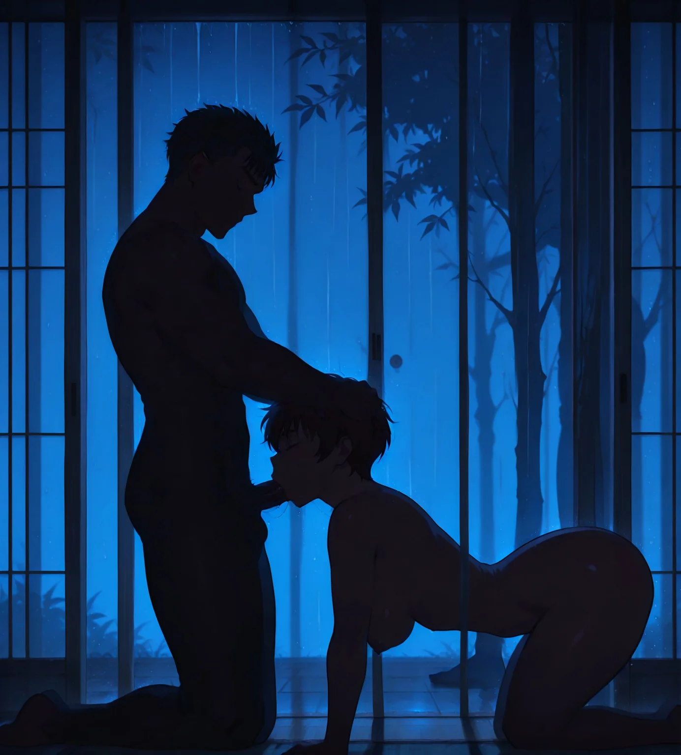 <lora:add-detail-xl:0.5>,masterpiecebest quality,anime coloring,anime screenshot,
<lora:silhouette_sex:0.9>silhouette_sexV1,
silhouette, shadow, 1girl, 1boy, fellatio,breasts, all fours, 
night,blue theme,dark,
sliding doors,rain, tree, 
medieval century inn,
casca \(berserk\), short hair, 
guts \(berserk\),  
20YO,milf, adult male,