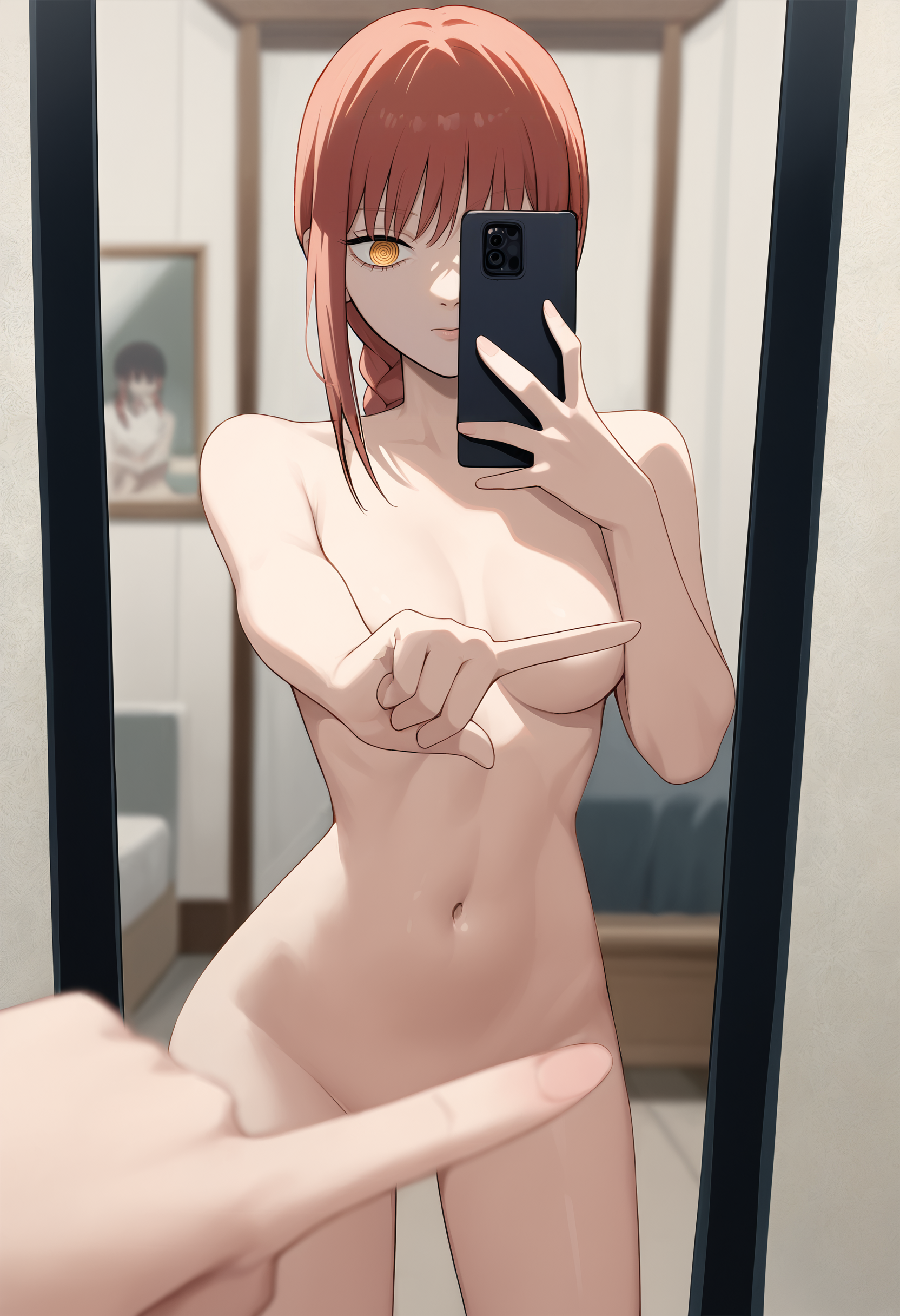 score_9, score_7_up,  1girl, solo,  one finger selfie challenge (meme), pov, mirror, holding phone, covering breasts, covering crotch, reflection, makima \(chainsaw man\),   <lora:One finger challenge 2:1>