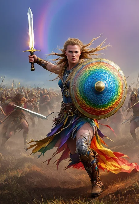 VALHERO neouv, shieldmaiden holding rainbow shield and rainbow sword while running through the battle of ragnarok