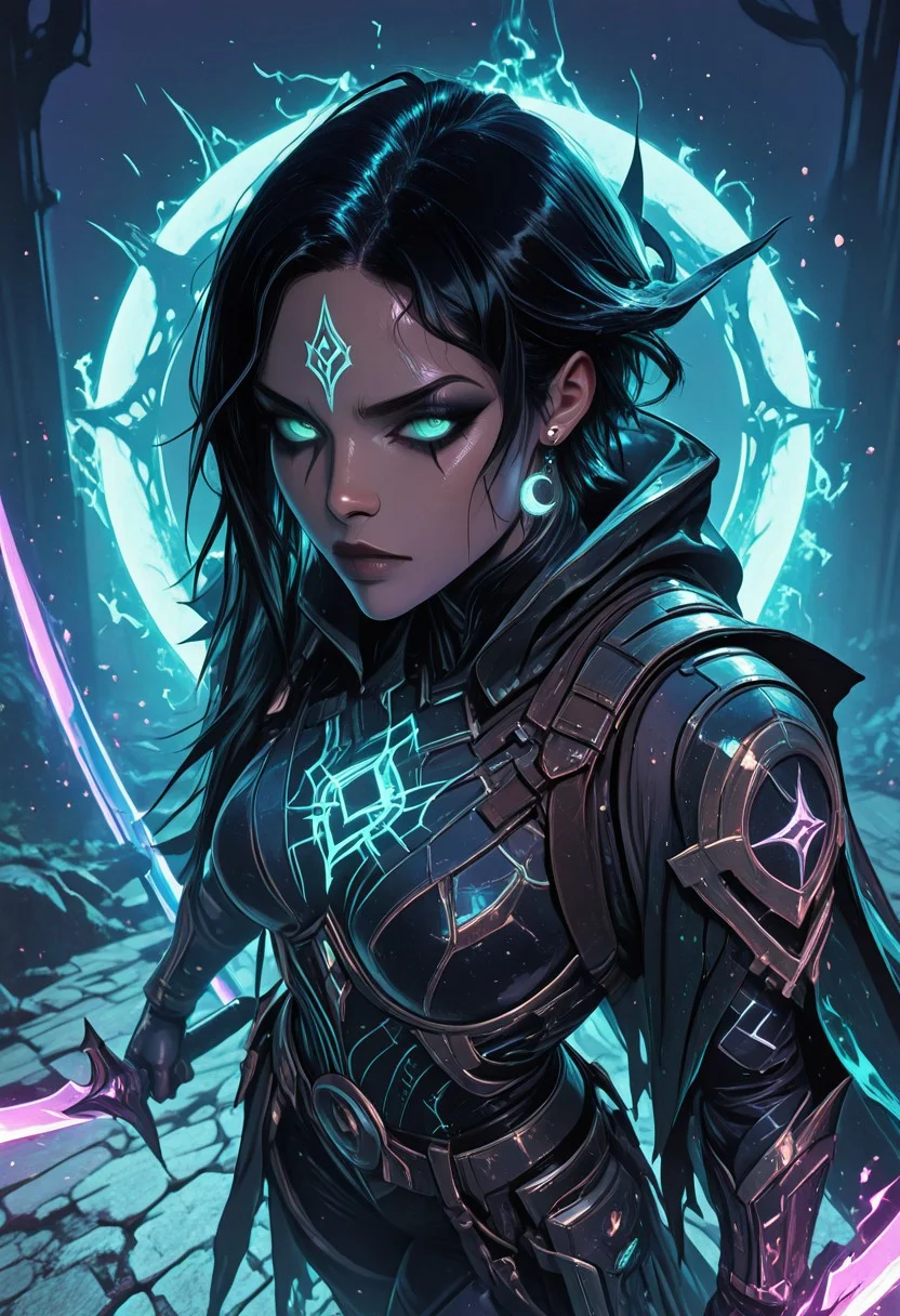 (masterpiece), (best quality), 8k, 1girl, celestial assassin, intense low lighting, glowing crescent blades, purple glow, dual-wielding, shadowed face, glowing eyes, dark eclipse sky behind her, glowing voidlight aura, Void crown, mystical sigils on ground, standing on fallen enemy, long flowing cloak fluttering, sci-fi fantasy armor with celestial patterns, moonlit silhouette, cinematic perspective, ethereal particles, radiant eclipse corona, sleek asymmetrical hairstyle, atmosphere of silent finality, black eyeshadow,
Action Shot, Slashing blades, Fierce expression, partical effects,
Unique, close up, cowboy shot, dutch angle, foreshortening,
From above, Looking at viewer, Close up, Face Focus,