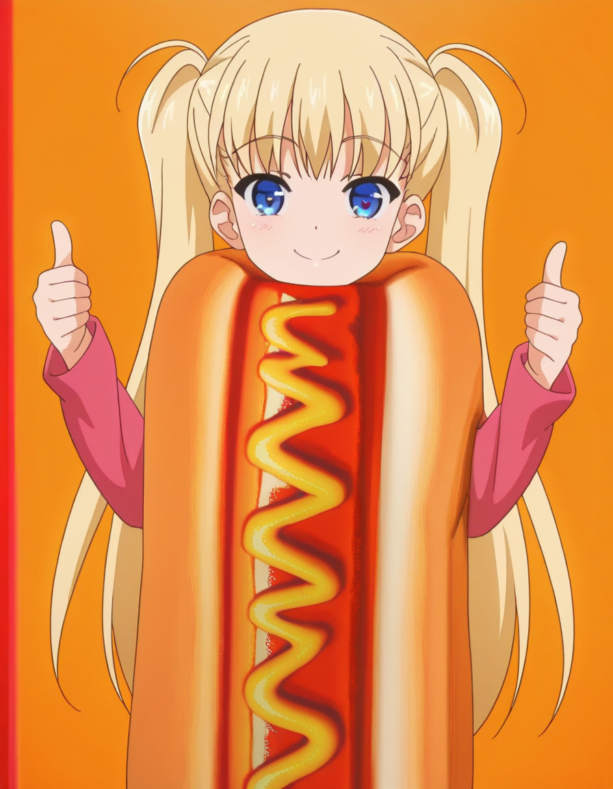 masterpiece, best quality, amazing quality,, <lora:airi-akizuki-ova-illustriousxl-lora-nochekaiser:1>, airi akizuki, long hair, blue eyes, blonde hair, twintails, mature female, breasts, anime screencap, <lora:hotdog-costume-illustriousxl-lora-nochekaiser:1>, hotdog costume, food, hot dog, looking at viewer, long sleeves, cowboy shot, ketchup, oversized food, costume, smile, thumbs up, hands up,,