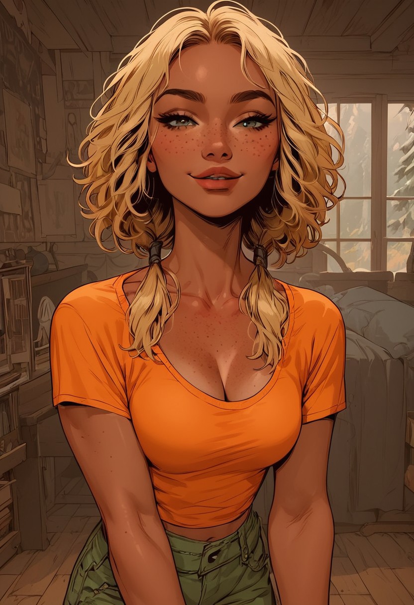 Score_9, Score8_up, Score_7_up, (((High Resolution, Best Quality))), 
1girl, Allegra_Sauvagess, medium dark blonde hair, greasy hair, low pigtails, (tan skin, freckles, thin lips, petite), orange crop top v-neck t-shirt, low-rise baggy green cargo pants, medium breasts, cleavage, teardrop breasts, seducing, seductive, flirty, tender, loving, looking at viewer, smug, inside bedroom, ski lodge, bedroom, seducing, NSFW, CONCEPT_irezumi_YakuzaTattoo_ownwaifu