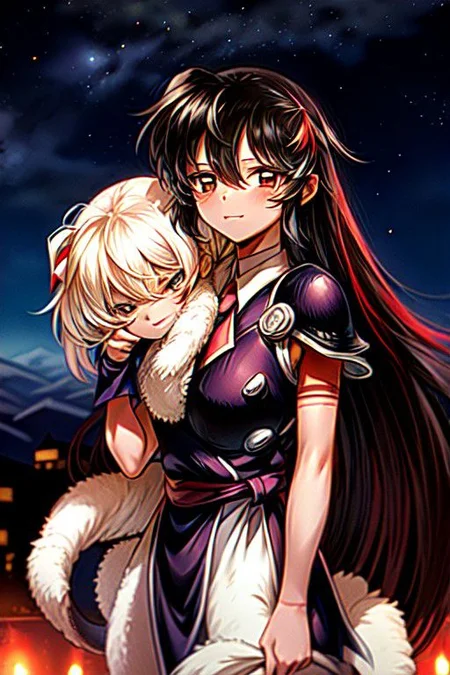 best quality 1girl Setsun4 solo long hair, (night time) forest background black hair very long hair purple eyes multicolored hair armor, small, (fur trim) (medium body),<lora:EMS-179-EMS:0.800000>,<lora:EMS-293862-EMS:0.800000> bow, hair_bow, hair_tubes, red_bow, brown_hair, long_hair, bangs, ascot, frilled_bow, yellow_ascot, blush, smile, hair_between_eyes, athletic, armor, miko, strengthmda, Smiling, happy, helmet