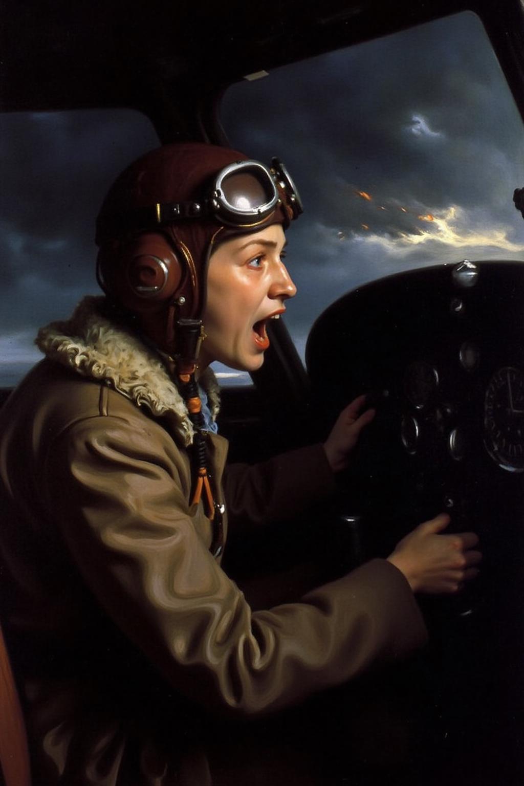 johnss1 painting.
A female pilot screaming inside the cockpit of a World War II bomber. The pilot, wearing a vintage leather flight helmet with goggles and a bomber jacket, grips the controls with white-knuckled hands. Her face is contorted in a mix of fear and determination as she yells, her eyes wide with adrenaline. The cockpit is cramped and filled with old-fashioned dials and gauges, with the outside view showing dark stormy clouds and distant anti-aircraft fire
 <lora:johnss2_cap_d6a3:1.0><lora:829203755296666602:0>