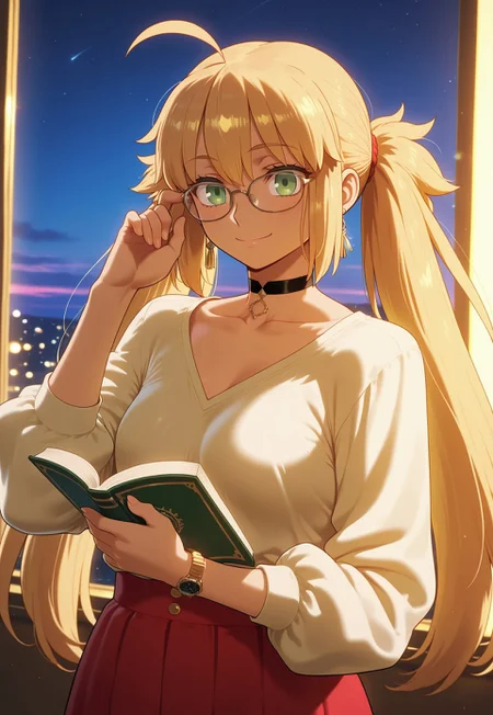 (masterpiece), (best quality), amazing quality, absurdres, (very aesthetic), light particles, scenery, ultra detailed, core_9,score_8_up,score_7_up, BREAK
1girl, solo, artoria caster \(fate\), fate \(series\), green eyes, hair between eyes, blonde hair, long hair, twintails, ahoge, small breasts, jewelry, earrings, glasses, skirt, breasts, choker, red skirt, book, looking at viewer, long sleeves, shirt, collarbone, white shirt, smile, >_<, watch, contemporary, window, holding book, wristwatch, indoors, holding, adjusting eyewear, sky, night, night sky, warm light, volumetric lighting, (light particles), [light particles], ambient atmosphere, (a detailed background),  (backlighting), dynamic lighting, dynamic angle, sharp focus, distortion-free, illustration, BREAK
masterpiece,best quality,amazing quality, absurdres, intricate eyes, (detailed eyes), EyesHD, beautiful eyes, perfect eyes, year2024, year2023, ultra high resolution, 8K, UHD, HD, high contrast, (by nyantcha:0.5), (by takeuchi takashi), (by edjim:0.5), (by ratatatat74:0.5), (by niceufotable), (Afrobull:0.5), LDSCH Style, aesthetic, Illust_Synth, oyxehs