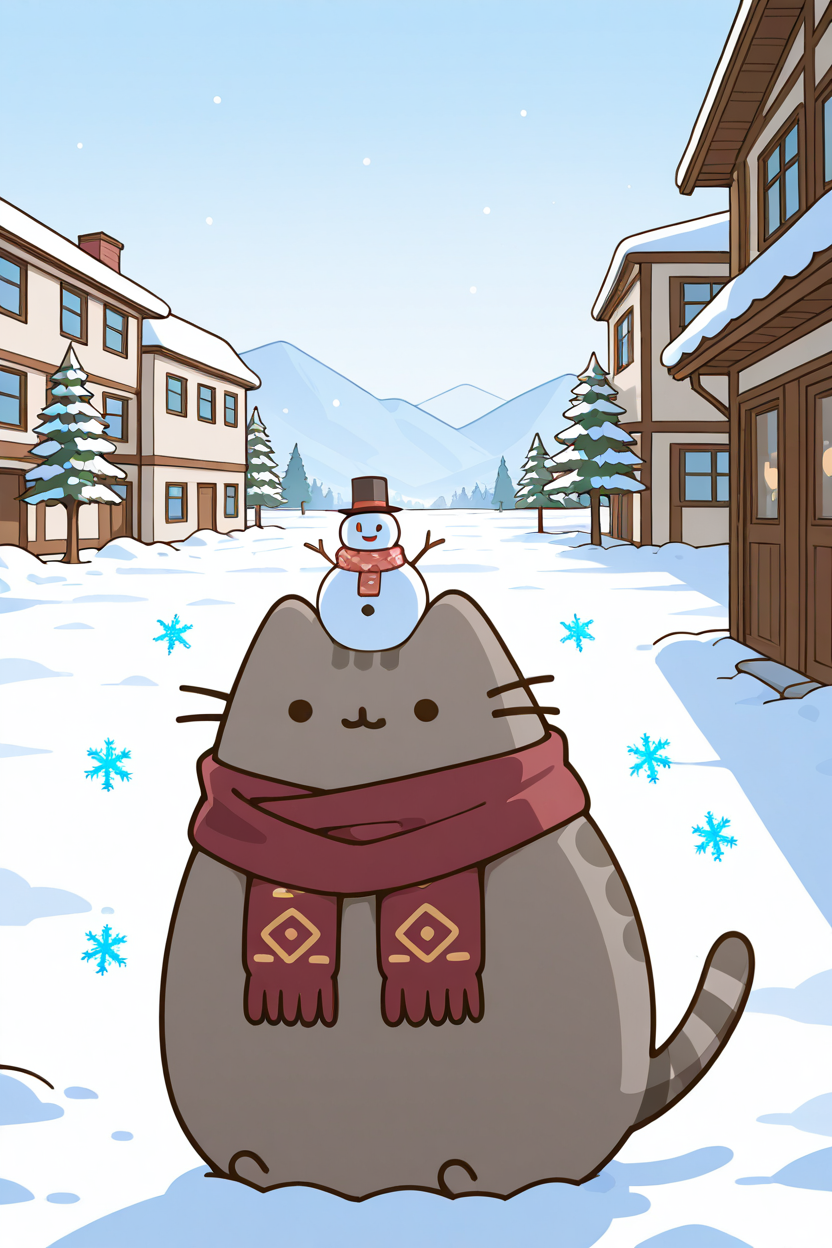 masterpiece, best quality,    pusheen, building a snowman, wearing a scarf, snowy landscape, snowflakes, playful expression    ,<lora:PusheenIXL:1.0>,