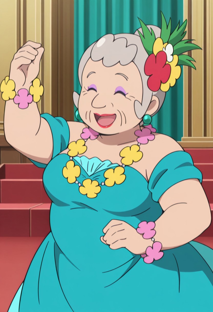score_9,score_8_up,score_7_up,score_6_up,best quality,masterpiece, 1girl, solo, background is stage, podium, 
BREAK
anela, old woman, lipstick, eyeshadow, fruit hair ornament, flower necklace, flower bracelets, earrings, teal dress, closed eyes, open mouth, smile, dancing, single hair bun