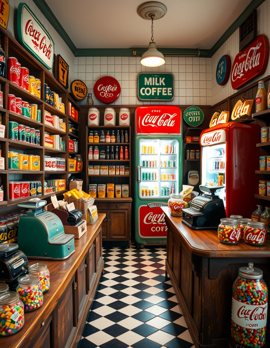 A vintage 1950s grocery store filled with nostalgic details. Wooden shelves neatly stocked with classic canned goods, glass soda bottles, and colorful retro packaging. An old-fashioned cash register sits on the wooden counter, next to a small scale for weighing produce. The checkered black-and-white tile floor adds to the mid-century charm, while hand-painted signs on the walls advertise milk, bread, and coffee in bold, retro fonts. A display of penny candy in glass jars sits near the entrance, and a vintage Coca-Cola refrigerator hums in the background. Soft, warm lighting casts a nostalgic glow over the scene, enhancing the rich textures of wood, glass, and metal, capturing the essence of a bygone era.
<lora:SDXLFaeTastic2400:0.4> <lora:extremely_detailed:0.4> extremely detailed
 <lora:1950s_grocery_st0r3:1>,1950s grocery st0r3, Masterpiece,best quality,hi res,8k,hi res,8k,award winning,(sharp focus, intricate, highly detailed),
