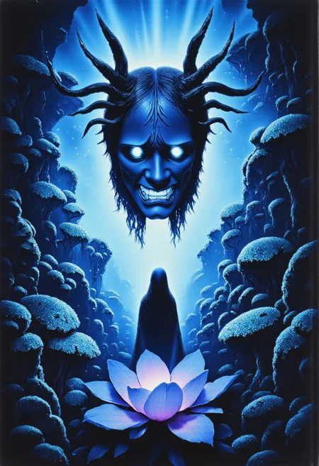 ArsMovieStill, movie still from a 1970s horror movie Studio Ghibli Dark Fairytale depicting a cursed hannya mask with horns and fangs blooming out of a blue lotus in a liminal bonsai garden with eerie radiating cyan and magenta miasma satyr