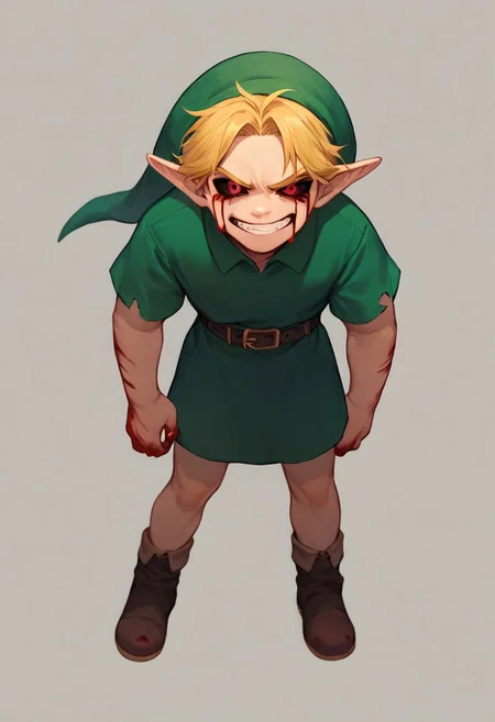 score_9, score_8_up, score_7_up, quarter body, solo,valbun,1boy, blonde hair, green tunic, pointy ears, hat, solo, red eyes, green_headwear belt,bloody tears, evil, grin , full body, bored expression , ,black sclera