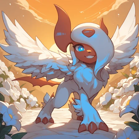 score_9, score_8_up, score_7_up, Megabsol, red skin, white fur, blue eyes, wings, pokemon \(creature\), full body, looking at viewer, mountaintop, white flowers, dusk, orange sky, smile, <lora:cefaa866-a58e-40ba-a219-79ab392f7d60:0.9>, <lora:6bddb469-73de-4c77-8d49-6e764195ef35:0.9>
