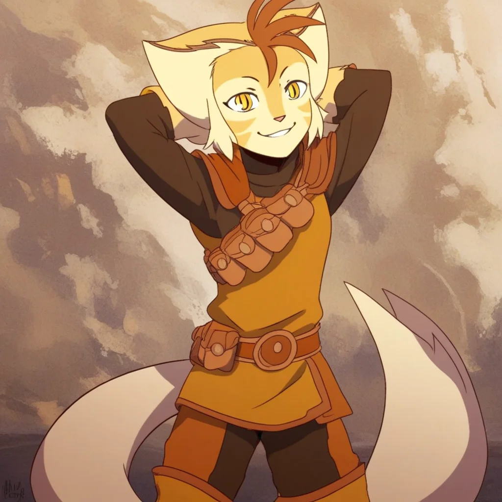 score_9, solo, wilykat, yellow eyes, furry, tail, hands behind head, smile