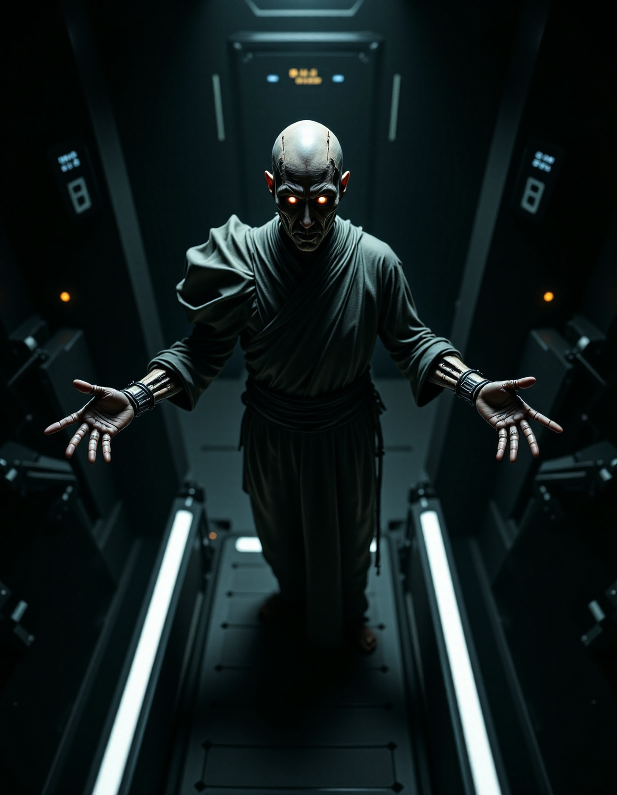 Surrealist photo dynamic high angle of an old damaged cyborg zen monk, in the style of ck-ncr, intrigant gaze looking to viewer, armed with sharp razor arms, mysterious mystical scene, <lora:ck-Neurocore-Realistic-Cyborgs:1.1>, <lora:aidmaFLuxPro1.1_v0.3:0.6> aidmafluxpro1.0 insane details dramatic lighting, inside the dark temple, machinery, tubes, cable, led racks in the background, stairways descend to deep darkness