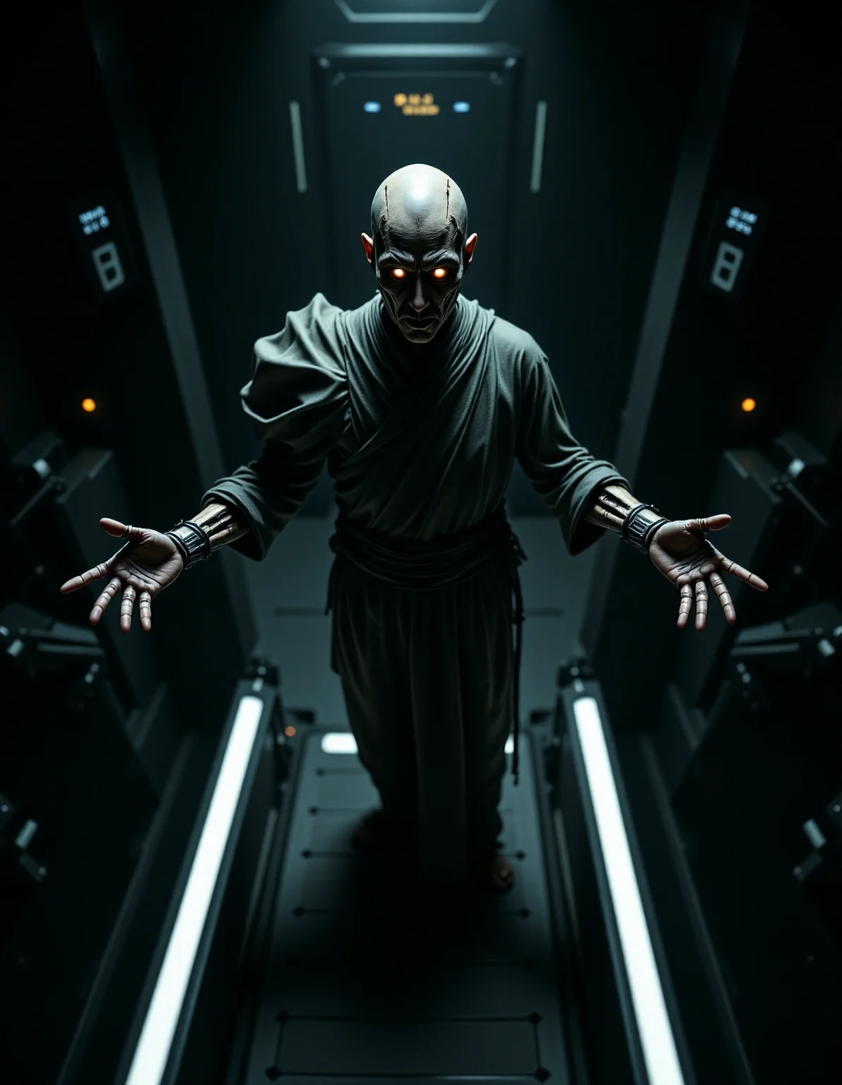Surrealist photo dynamic high angle of an old damaged cyborg zen monk, in the style of ck-ncr, intrigant gaze looking to viewer, armed with sharp razor arms, mysterious mystical scene, <lora:ck-Neurocore-Realistic-Cyborgs:1.1>, <lora:aidmaFLuxPro1.1_v0.3:0.6> aidmafluxpro1.0 insane details dramatic lighting, inside the dark temple, machinery, tubes, cable, led racks in the background, stairways descend to deep darkness