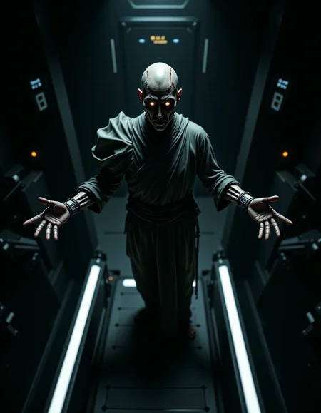 Surrealist photo dynamic high angle of an old damaged cyborg zen monk, in the style of ck-ncr, intrigant gaze looking to viewer, armed with sharp razor arms, mysterious mystical scene, <lora:ck-Neurocore-Realistic-Cyborgs:1.1>, <lora:aidmaFLuxPro1.1_v0.3:0.6> aidmafluxpro1.0 insane details dramatic lighting, inside the dark temple, machinery, tubes, cable, led racks in the background, stairways descend to deep darkness