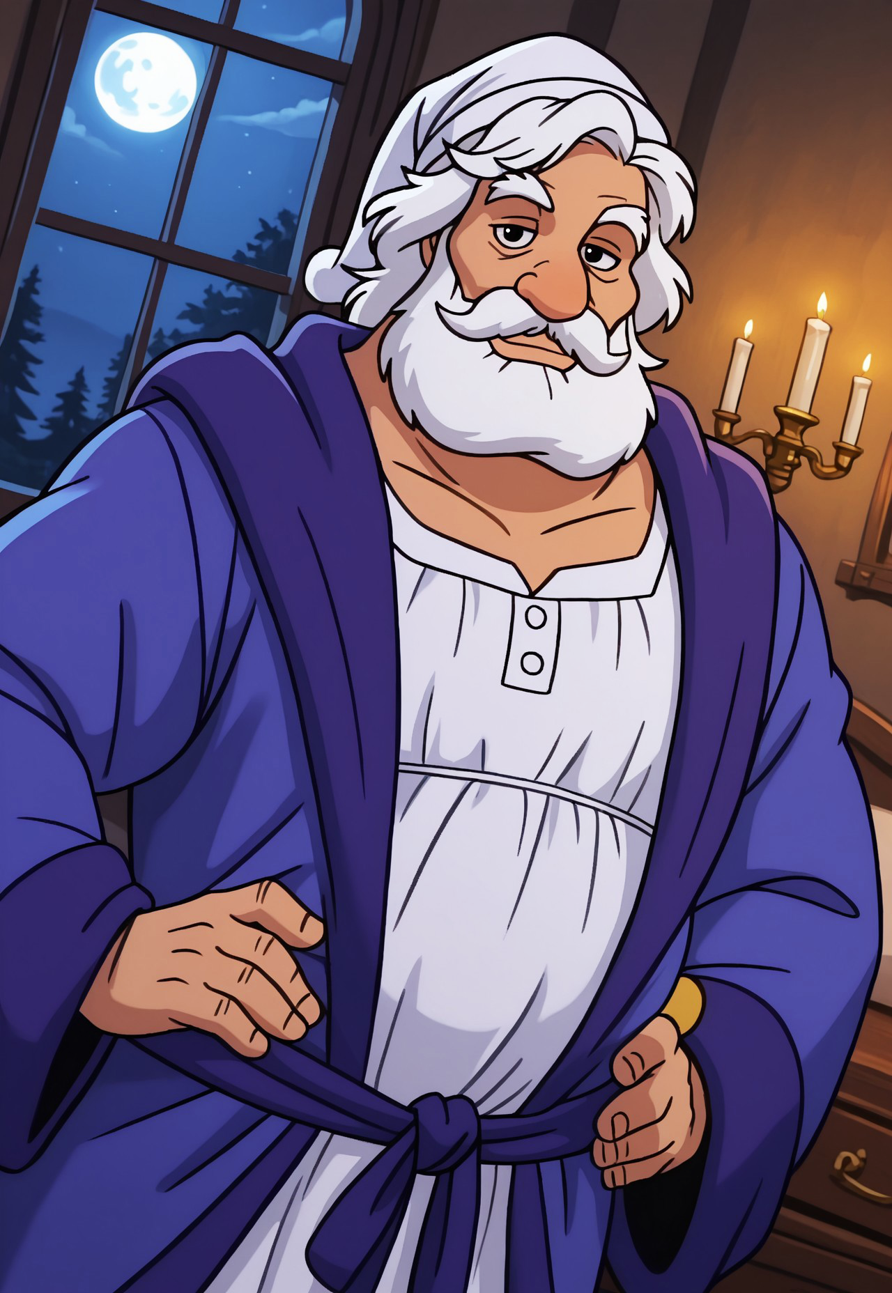 masterpiece, best quality, amazing quality, KingGregor, medium hair, white hair, black eyes, beard, mustache, mature male, muscular, fat, white nightcap, white nightgown, blue robe, blue belt, looking at viewer, smile, dynamic pose, detailed background, dutch angle, upper body, cowboy shot, fancy bedroom, night, window, moon, candles, hands on hips,