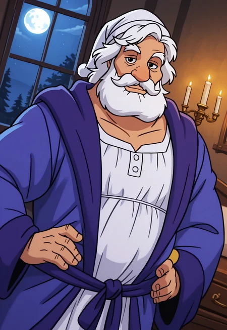 masterpiece, best quality, amazing quality, KingGregor, medium hair, white hair, black eyes, beard, mustache, mature male, muscular, fat, white nightcap, white nightgown, blue robe, blue belt, looking at viewer, smile, dynamic pose, detailed background, dutch angle, upper body, cowboy shot, fancy bedroom, night, window, moon, candles, hands on hips,