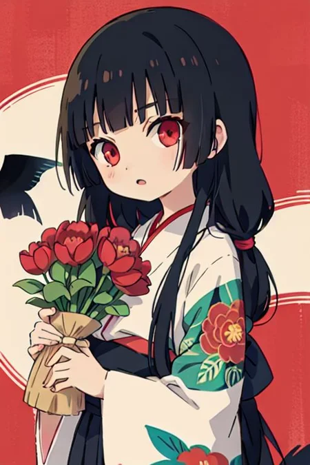enma ai, hair down, hair black, bangs, eyes red, masterpiece, best quality, ultra-detailed, illustration, 1girl, solo, highres, photorealistic, ultra high res, (Original illustration composition), (fusion of limited color,Maximalism artstyle, kimono obi fashion, double exposure, background, illustration, Amazing, lily spider, night darkness, open one's mouth, finger, bouquet flowers red, low twintails, (polychromatic peony:1.15), Movie poster,