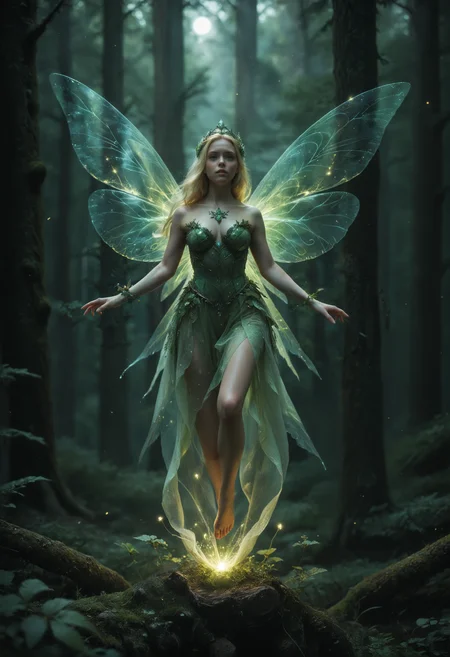 score_9, score_8_up, score_7_upFairy princess. fairy wings, glowing fairy clothes, full body shot, 1woman,(sagging breasts:.5), long blonde hair, glowing in a forest at night, flying in a forest, detailed background, high fantasy setting, flying, realistic picture <lora:more_details:1> <lora:Perfect Hands:1> <lora:Anime Summer Days 2 Style SDXL_LoRA_Pony Diffusion V6 XL:.3>