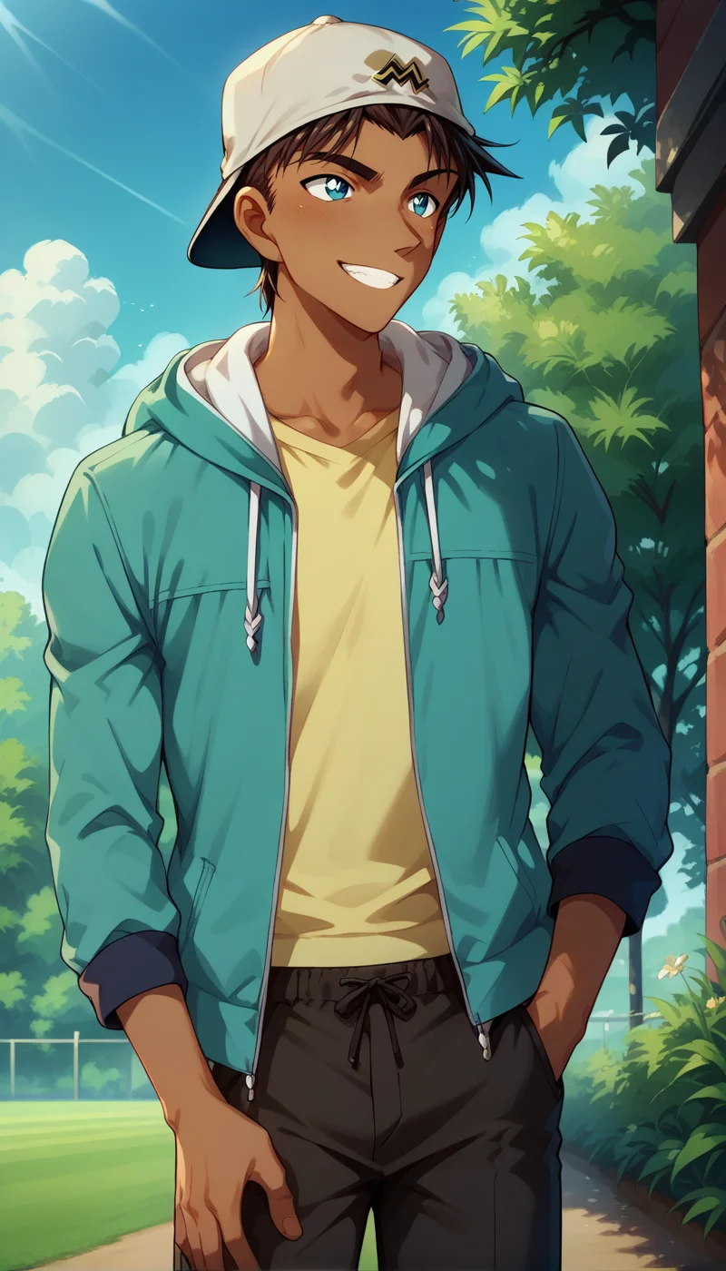 score_9, score_8_up, score_7_up score_9,score_8_up,score_7_up,source_anime,rating_explicit,uncensored,good shading,countershading,detailed background,intricately detailed illustration,
1boy,solo,male focus,<lora:Hattori_Heiji:0.9>,heijihattori,dark skin,blue eyes,dark brown hair,short hair,smile,kind_smile,
baseball cap,pectorals,hoodie,pants,
outdoors,sky,bluesky,
<lora:Expressive_H:0.8>,Expressiveh,
